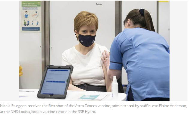 Nicola Sturgeon receives first shot of the Astra Zeneca vaccine