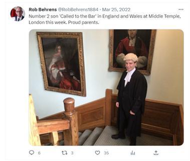 Behrens’ son called to the Bar. Source: Twitter