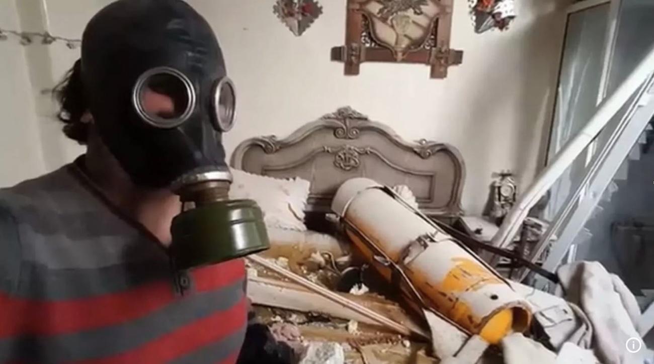 Image 1‘PR’ image released by the White Helmets ‘first responders’ depicting a chlorine gas cylinder that had purportedly smashed through a metal bar reinforced concrete ceiling to bounce off the floor, fly 3 metres across a bedroom, and then land on bed.